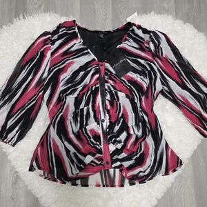 A Love Story NWT Abstract Print Ruched Blouse - Pink Black White - Size L